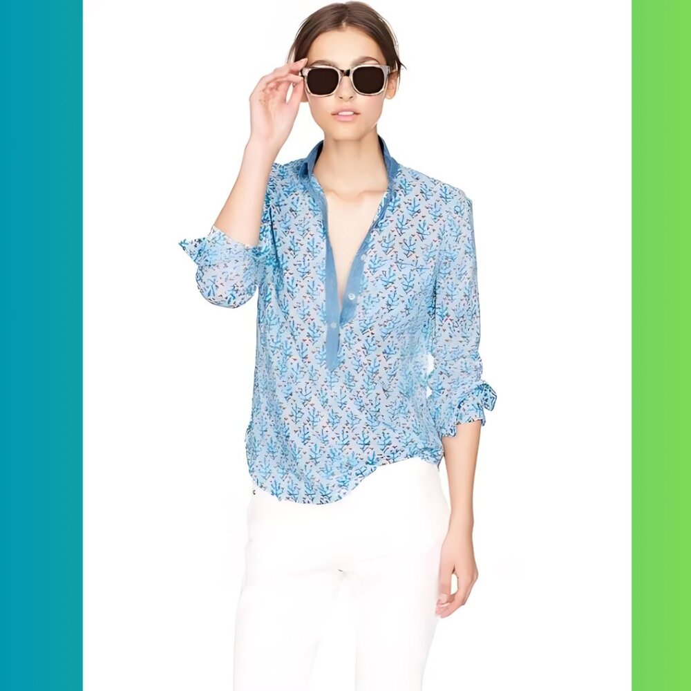 J. Crew Blue Block Print Popover Top (size 2)
